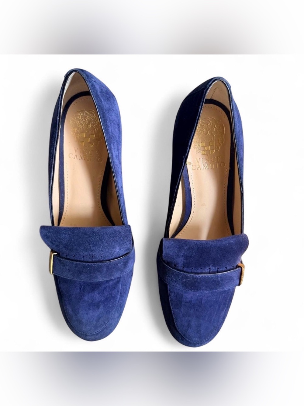 Vince Camuto Navy Suede Block Heel Pumps with Gold Accent - Picture 2 of 8